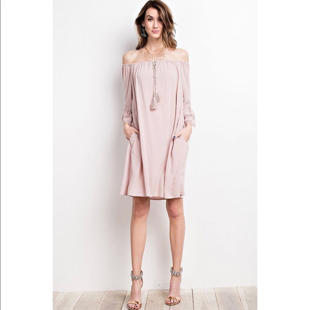 Off Shoulder Crochet Detail Bell Sleeve Dress